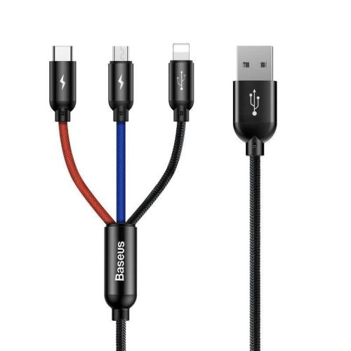  Baseus 3 az 1-ben USB-A --> USB-C/Lightning/Micro USB kábel 0,3 m fekete (CAMLT-ASY01) 