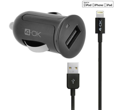  4-OK autós töltő USB aljzat (5V / 2400mA, MFi Apple engedélyes, IPCMB5 utódja + lightning 8pin kábel) FEKETE (IPCM25) 