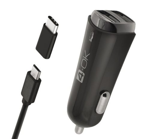  4-OK autós töltő 2 USB aljzat (5V / 3400mA + Type-C adapter + microUSB kábel) FEKETE (CMM3AX) 