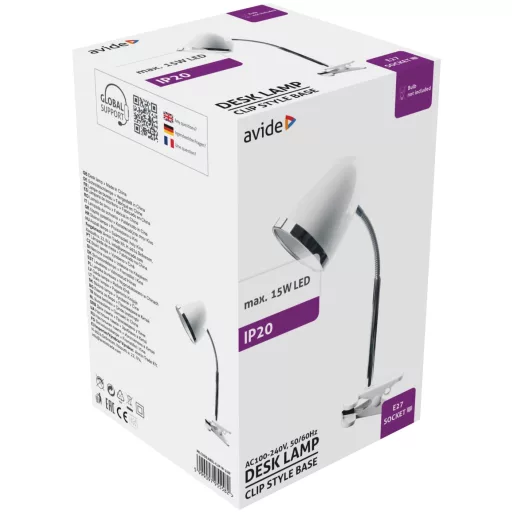 Avide Basic Asztali Lámpa Csíptethető Fehér E27 max.15W (ABDL-CLIP-W-15W)