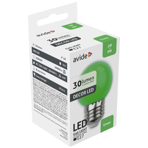 Avide Dekor LED fényforrás G45 1W E27 Zöld (ABDLG45-1W-G)