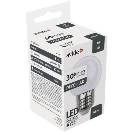 Avide Dekor LED fényforrás G45 1W E27 Fehér (ABDLG45-1W-W)