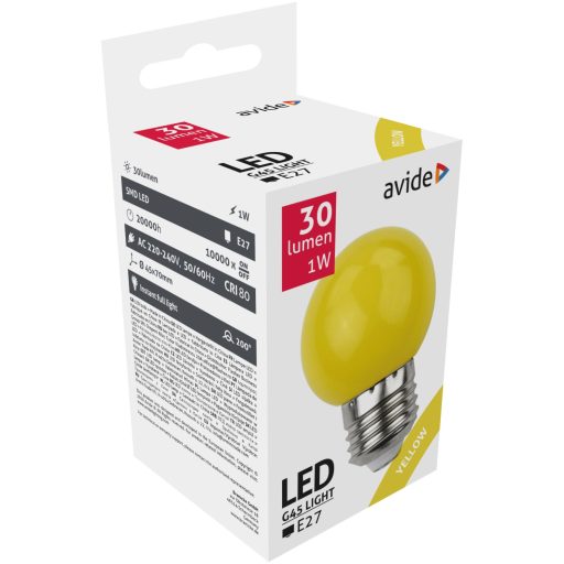 Avide Dekor LED fényforrás G45 1W E27 Sárga (ABDLG45-1W-Y)