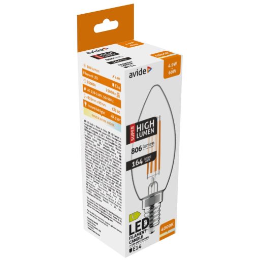 Avide LED Filament Candle 4.9W E14 NW 4000K Super High Lumen (ABLFC14NW-4.9W-SHL)