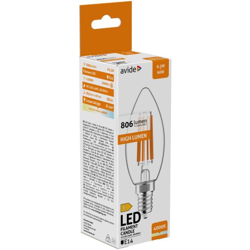 Avide LED Filament Candle 6.5W E14 NW 4000K High Lumen (ABLFC14NW-HL-6.5W)