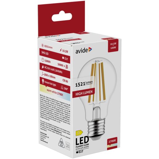 Avide LED Filament Globe 10.5W E27 A65 WW 2700K High Lumen (ABLFG27WW-HL-10.5W)