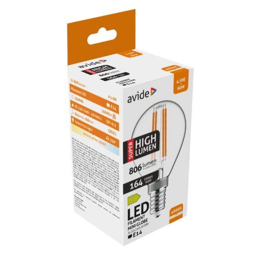 Avide LED Filament Mini Globe 4.9W E14 NW 4000K Super High Lumen (ABLFMG14NW-4.9W-SHL)