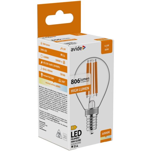Avide LED Filament Mini Globe 6.5W E14 NW 4000K High Lumen (ABLFMG14NW-HL-6.5W)