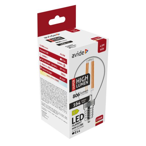 Avide LED Filament Mini Globe 4.9W E14 WW 2700K Super High Lumen (ABLFMG14WW-4.9W-SHL)