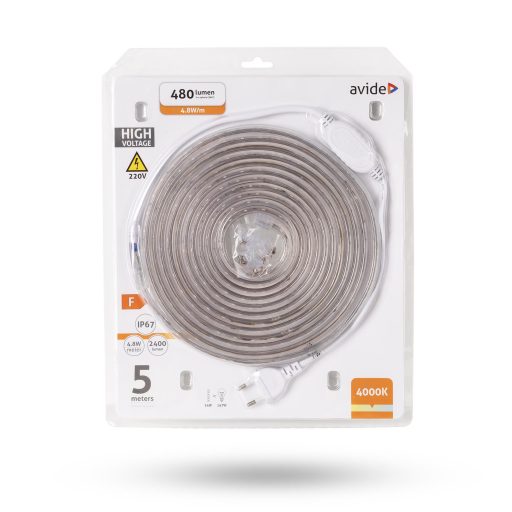 Avide LED Szalag Bliszter 220V 4.8W SMD3528 60LED 4000K IP67 5m (ABLSBL-220V-3528-60NW67)