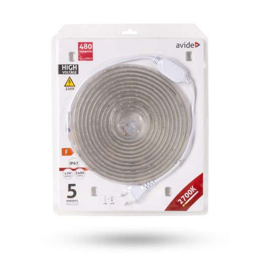 Avide LED Szalag Bliszter 220V 24W SMD3528 60LED 2700K IP67 5m (ABLSBL-220V-3528-60WW67)