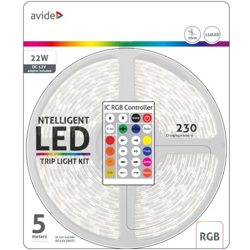 Avide LED Szalag Bliszter 12V 22W SMD5050 30LED címezhető IC RGB IP65 5m + Prg.távirányító (ABLSBL12V5050-30RGB-IC65)