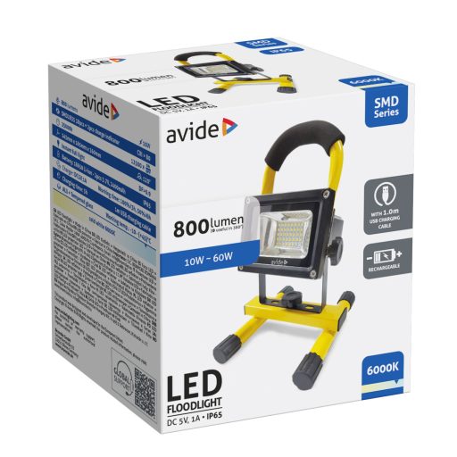 Avide LED Reflektor Akkumulátoros SMD 10W CW 6000K, USB kábellel (ABRFLCW-10W-SMD)