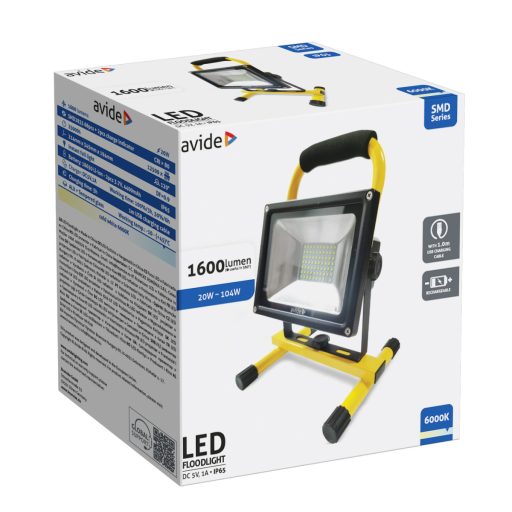 Avide LED Reflektor Akkumulátoros SMD 20W CW 6000K, USB kábellel (ABRFLCW-20W-SMD)