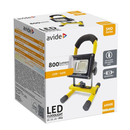 Avide LED Reflektor Akkumulátoros SMD 10W NW 4000K, USB kábellel (ABRFLNW-10W-SMD)