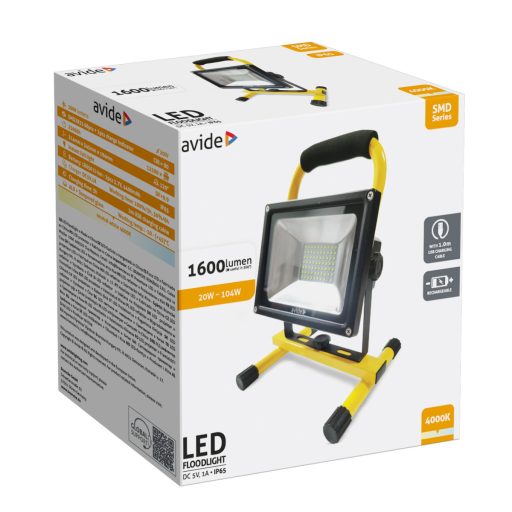 Avide LED Reflektor Akkumulátoros SMD 20W NW 4000K, USB kábellel (ABRFLNW-20W-SMD)