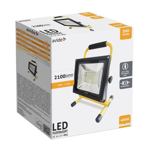 Avide LED Reflektor Akkumulátoros SMD 30W NW 4000K, USB kábellel (ABRFLNW-30W-SMD)