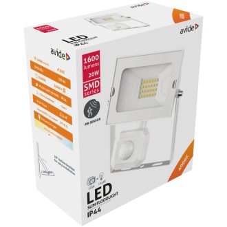   Avide LED Reflektor Slim SMD 20W NW 4000K Mozgásérzékelős PIR Fehér *Sérült Csomagolás* (ABSSFLNW-20W-PIR-W-SCS)