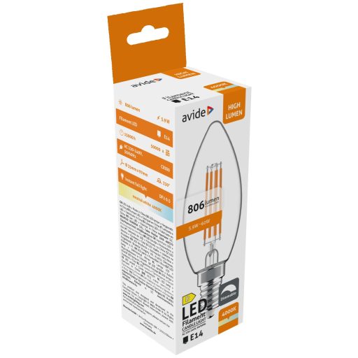 Avide LED Filament Candle 5.9W E14 NW 4000K Fényerőszabályozható (ADLFC14NW-5.9W)