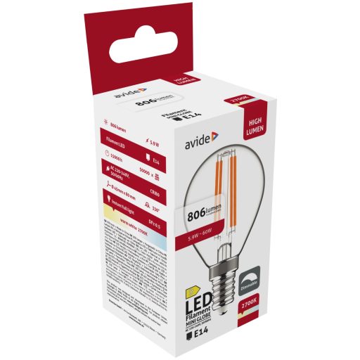 Avide LED Filament Mini Globe 5.9W E14 WW 2700K Fényerőszabályozható (ADLFMG14WW-5.9W)