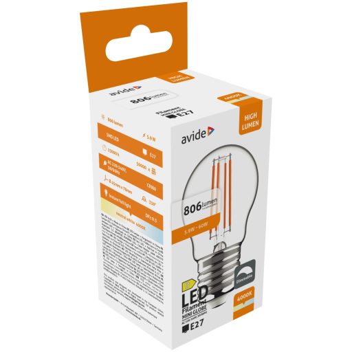 Avide LED Filament Mini Globe 5.9W E27 NW 4000K Fényerőszabályozható (ADLFMG27NW-5.9W)