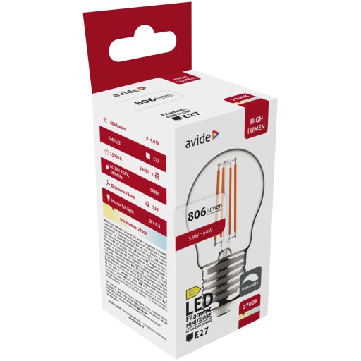 Avide LED Filament Mini Globe 5.9W E27 WW 2700K Fényerőszabályozható (ADLFMG27WW-5.9W)