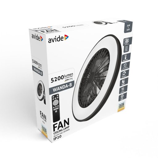 Avide Mennyezeti lámpa ventilátorral Wanda fekete, 2x24W+15W motor, távirányítóval (AFCLCCT-48W-15W-WAB)