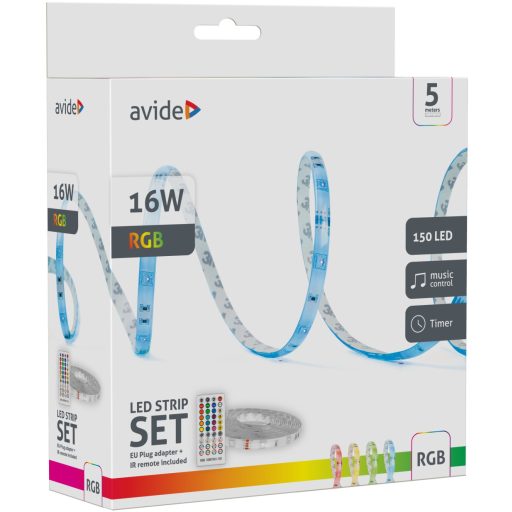 Avide LED Szalag Bliszter 12V 16W RGB 5m Zene vezérlés + IR távirányító (ALSB5050RGBMU40-5M)
