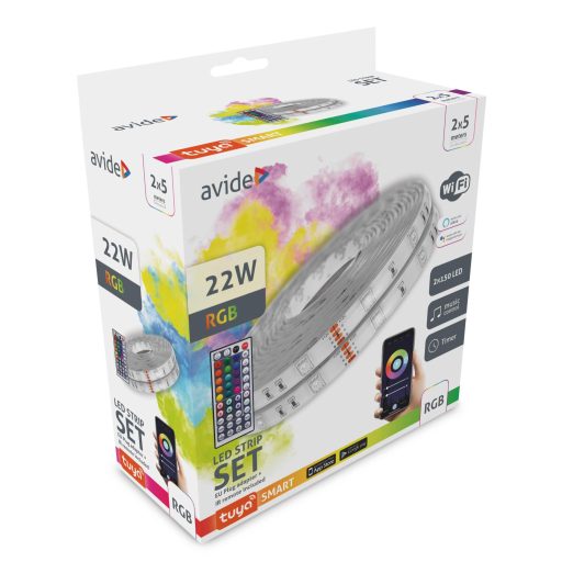 Avide LED Szalag Bliszter 12V 22W RGB 2x5m TUYA - Zene vez. + IR távirányító (ALSB5050RGBTUYA44-10M)