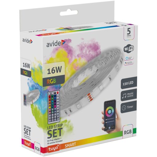 Avide LED Szalag Bliszter 12V 16W RGB 5m TUYA - Zene vez. + IR távirányító (ALSB5050RGBTUYA44-5M)