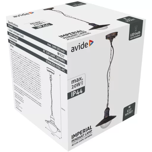 Avide kültéri függeszték lámpa Imperial 1xE27 IP44 antik arany (AOLHE27-IMP-AG)