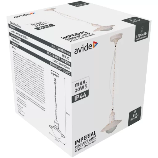 Avide kültéri függeszték lámpa Imperial 1xE27 IP44 antik fehér (AOLHE27-IMP-AW)