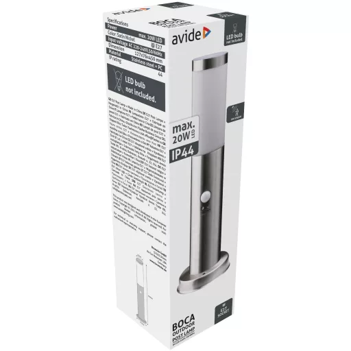 Avide kültéri álló lámpa Boca 1xE27 PIR 450mm IP44 Szatén Nikkel (AOLPE27-BOC-S-SN)