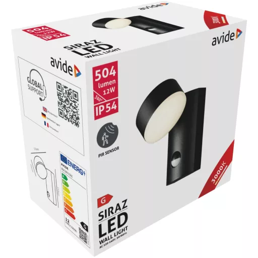Avide kültéri fali lámpa Siraz LED 12W WW mozgásérzékelővel IP54 (AOLW12WW-S-SIRAZ)
