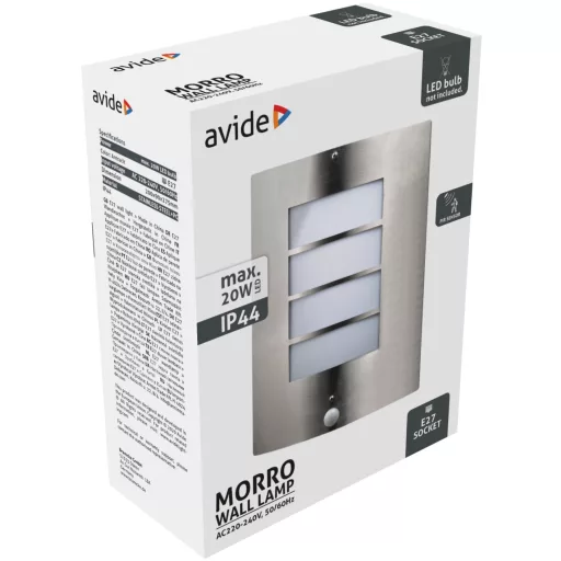 Avide kültéri fali lámpa Morro 1xE27 PIR IP44 Szatén Nikkel (AOLWE27-MOR-S-SN)