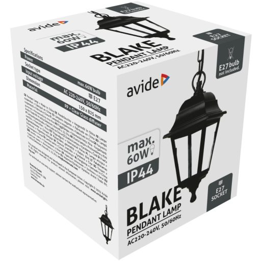 Avide Kültéri Függeszték Lámpa Blake 1xE27 825mm Fekete IP44 (AOPL-1XE27-BLA)