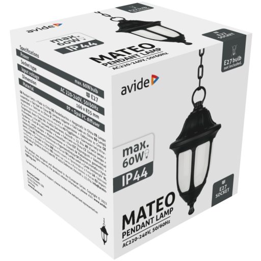 Avide Kültéri Függeszték Lámpa Mateo 1xE27 Fekete IP44 (AOPL-1XE27-MAT)
