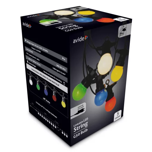 Avide Kültéri Füzér 5m Sorolható (Piros/Zöld/Kék/Sárga/Fehér) (AOS10LE40L-RGB)