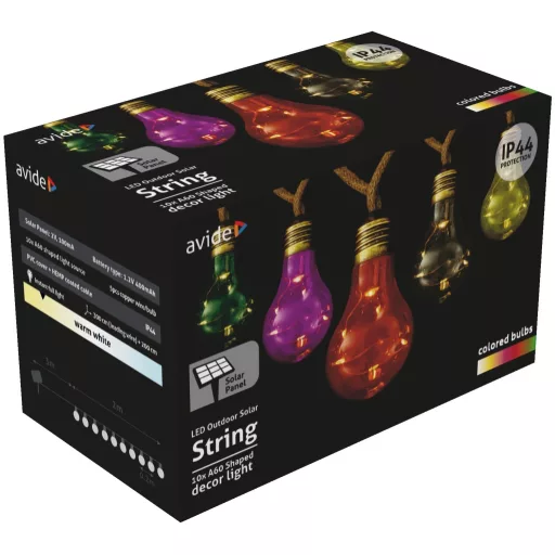 Avide Kültéri Szolár Füzér 5m, Kötél Kábel, 10 Színezett Globe, IP44 (AOSS5R-10MC50ML)