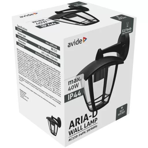 Avide Kültéri Fali Lámpa Aria-D 1xE27 Fekete IP44 (AOWL-1XE27-ARIA-D)