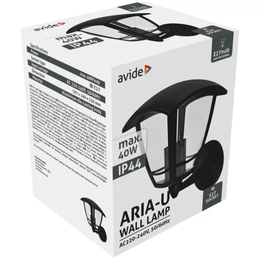 Avide Kültéri Fali Lámpa Aria-U 1xE27 Fekete IP44 (AOWL-1XE27-ARIA-U)
