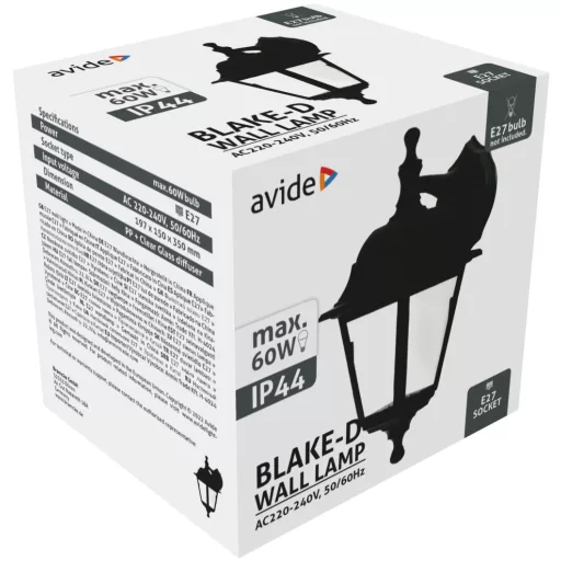 Avide Kültéri Fali Lámpa Blake-D 1xE27 Fekete IP44 (AOWL-1XE27-BLA-D)