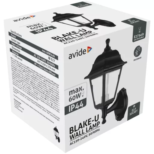 Avide Kültéri Fali Lámpa Blake-U 1xE27 Fekete IP44 PIR (AOWL-1XE27-BLA-U-PIR)