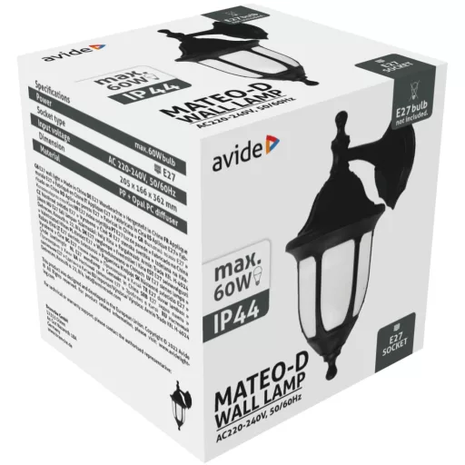 Avide Kültéri Fali Lámpa Mateo-D 1xE27 Fekete IP44 (AOWL-1XE27-MAT-D)