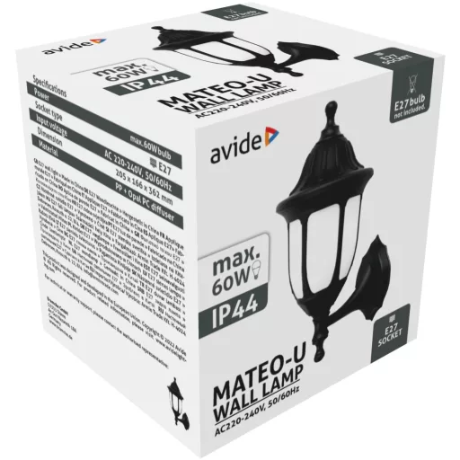 Avide Kültéri Fali Lámpa Mateo-U 1xE27 Fekete IP44 (AOWL-1XE27-MAT-U)