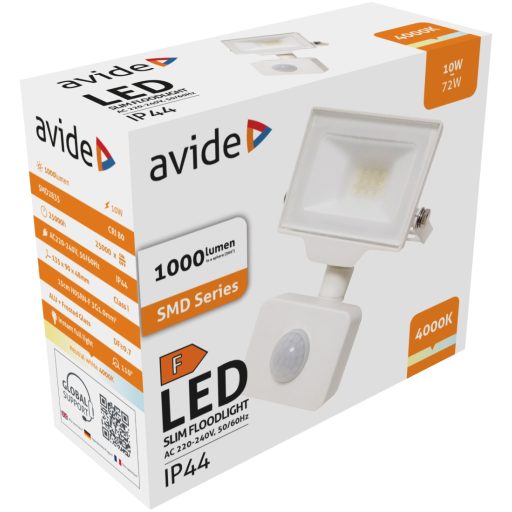 Avide LED Opál Reflektor Slim SMD 10W NW 4000K Mozgásérzékelős PIR Fehér (ARFFLNW-10W-PIR-W)