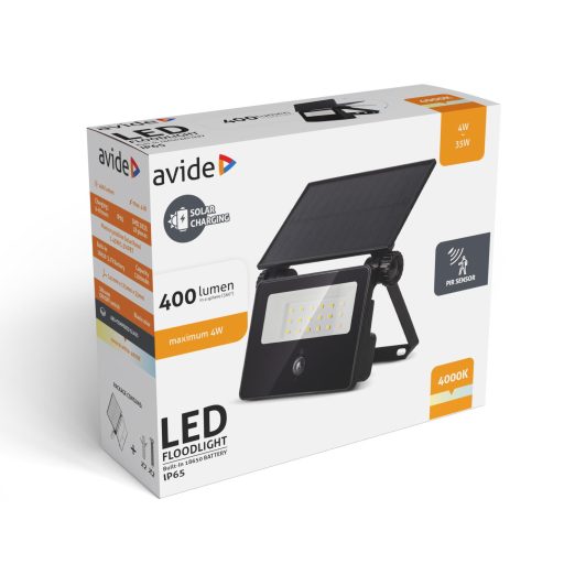 Avide Szolár Reflektor 4000K, Cserélhető Akkumulátor, Kompakt Napelem, 400lm, PIR szenzor (ASOLFLNW-12-CMSP-PIR)