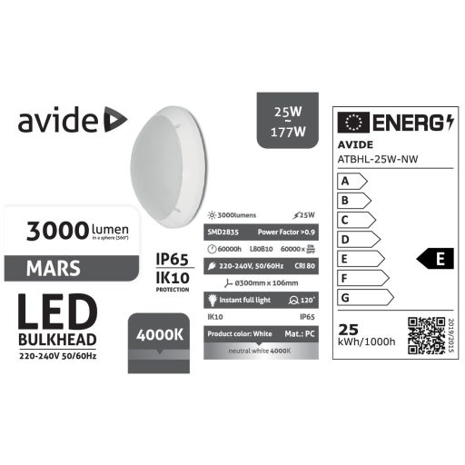 Avide Cseppálló Mennyezeti Lámpa Mars Kerek IP65 25W NW 4000K Fehér (ATBHL-25W-NW)