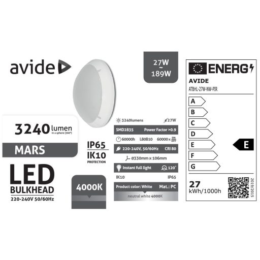 Avide Cseppálló Mennyezeti Lámpa Mars Kerek IP65 27W NW 4000K Fehér + PIR (ATBHL-27W-NW-PIR)