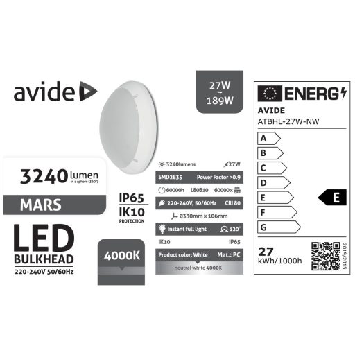 Avide Cseppálló Mennyezeti Lámpa Mars Kerek IP65 27W NW 4000K Fehér (ATBHL-27W-NW)